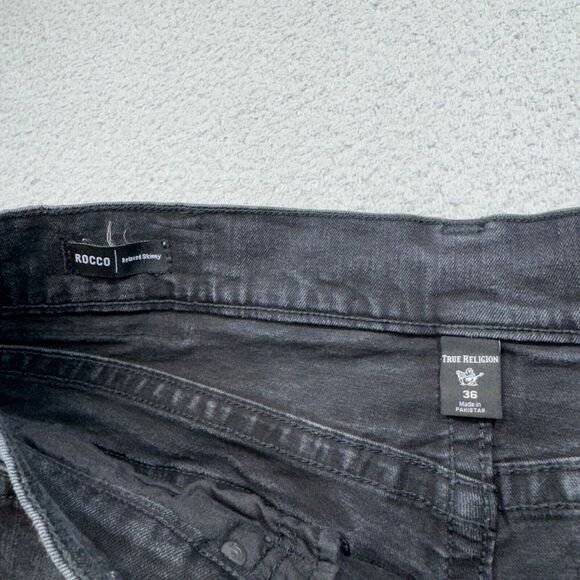 True Religion Jeans Men 36x33 Black Rocco Relaxed Skinny Stretch Faded Flap - Picture 8 of 16